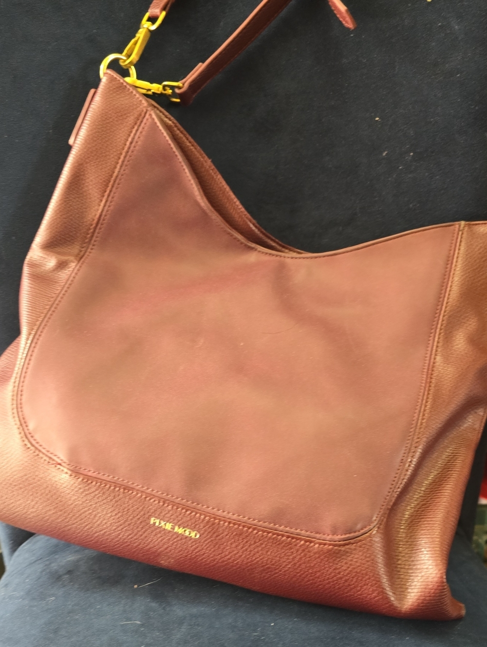 Pixie Mood Chestnut Brown Leather Shoulder Hobo with Gold Accents
